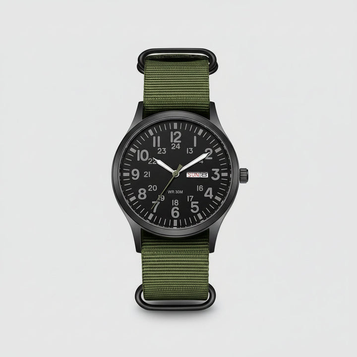 Stylish men's accessory: durable outdoor watch, waterproof, stainless steel case, rugged nylon strap.