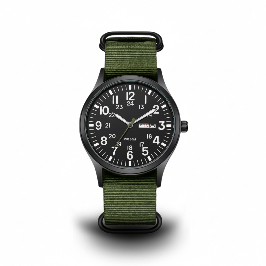 Men's adventure-ready watch: waterproof, stainless steel, strong nylon strap. Built for active men.