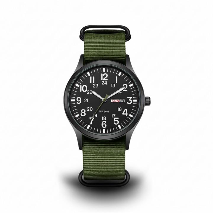 Men's adventure-ready watch: waterproof, stainless steel, strong nylon strap. Built for active men.