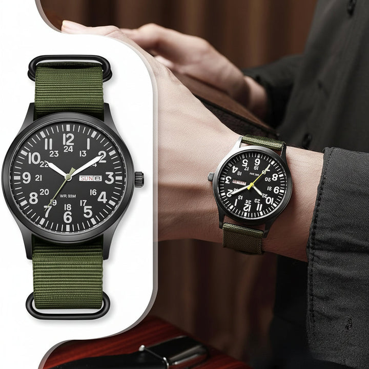 Rugged men's outdoor watch featuring a sleek stainless steel bezel and a practical nylon strap design.