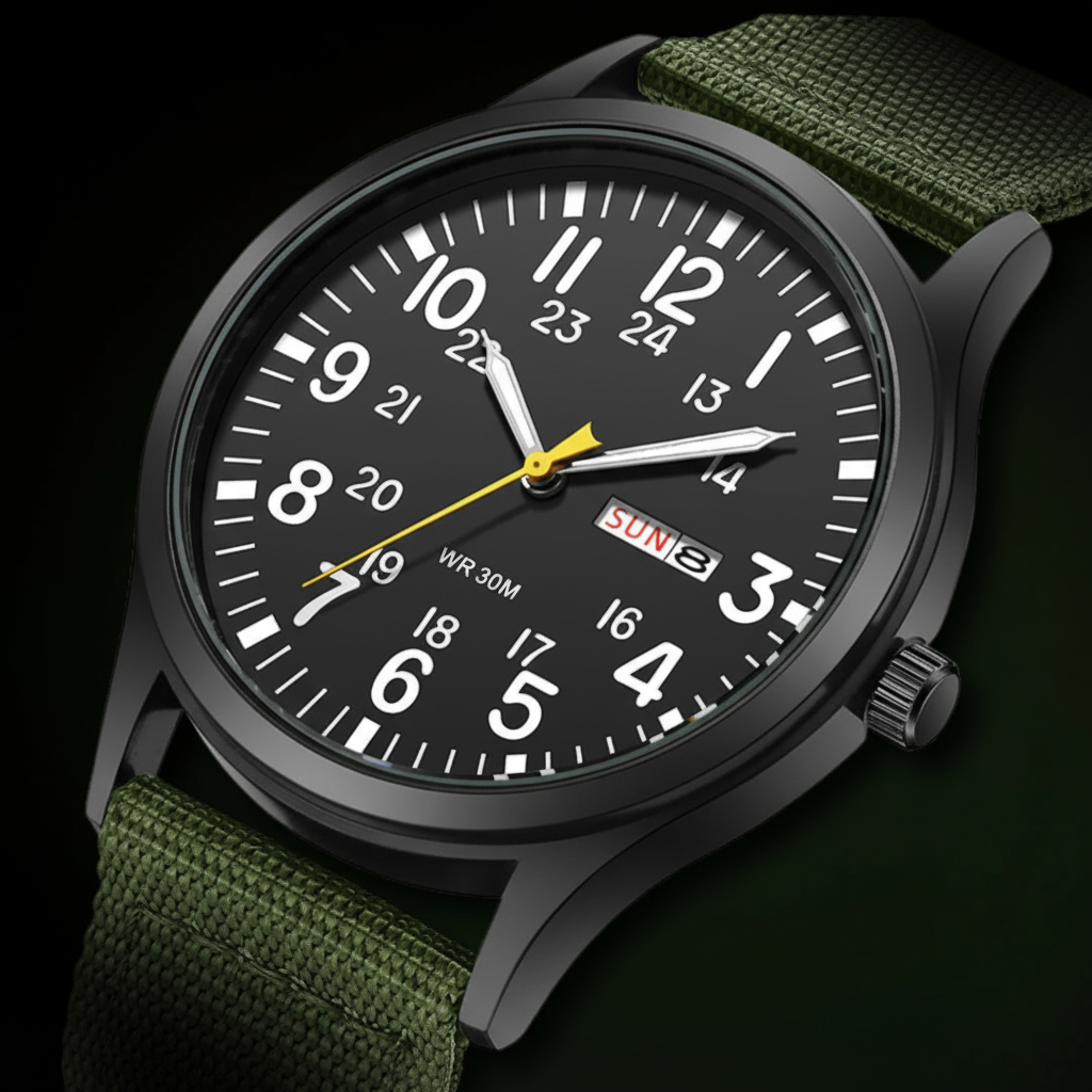 Highly durable men's sport watch; waterproof stainless steel body and resilient nylon band for any activity.