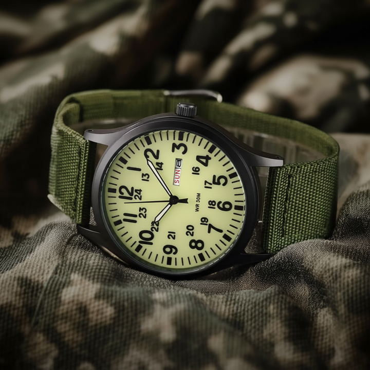 Men's waterproof stainless steel watch with a durable nylon strap for outdoor & active wear.