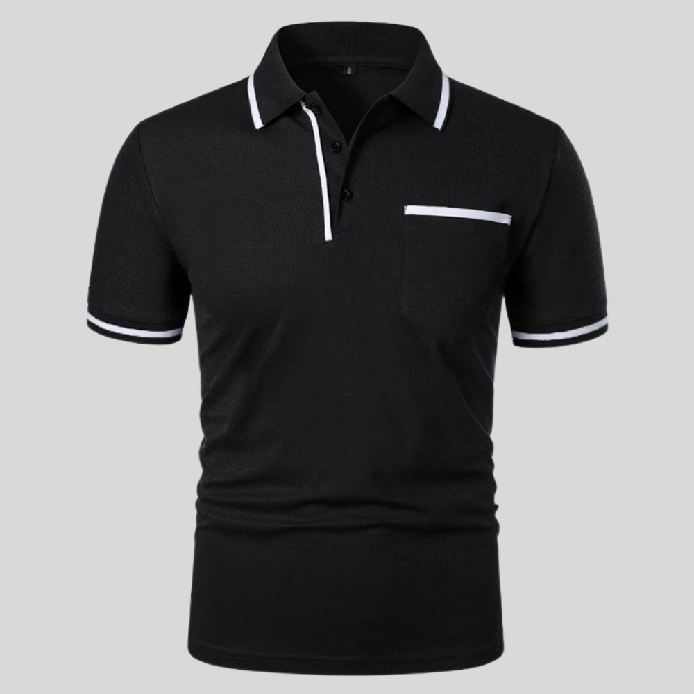 Light gray men's classic polo shirt, short sleeves, chest pocket. Comfortable & stylish summer apparel.