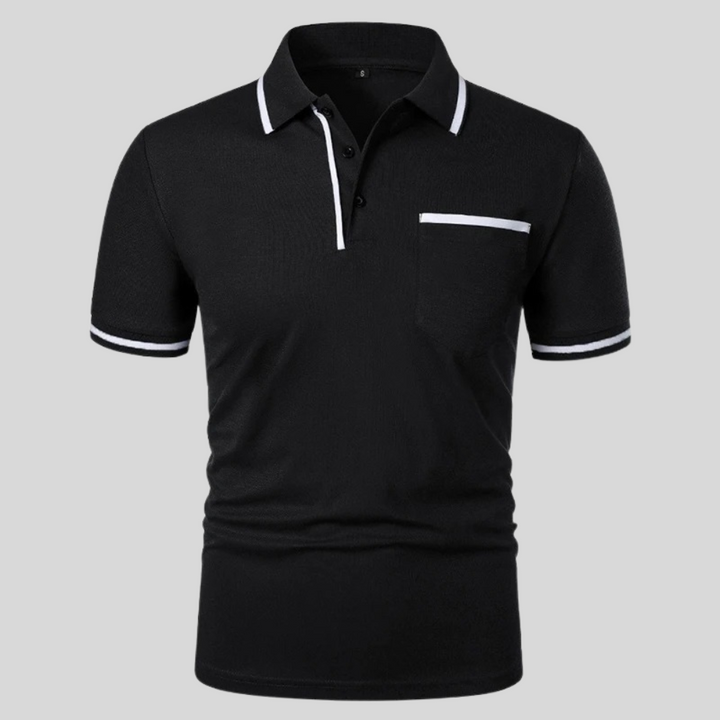 Light gray men's classic polo shirt, short sleeves, chest pocket. Comfortable & stylish summer apparel.