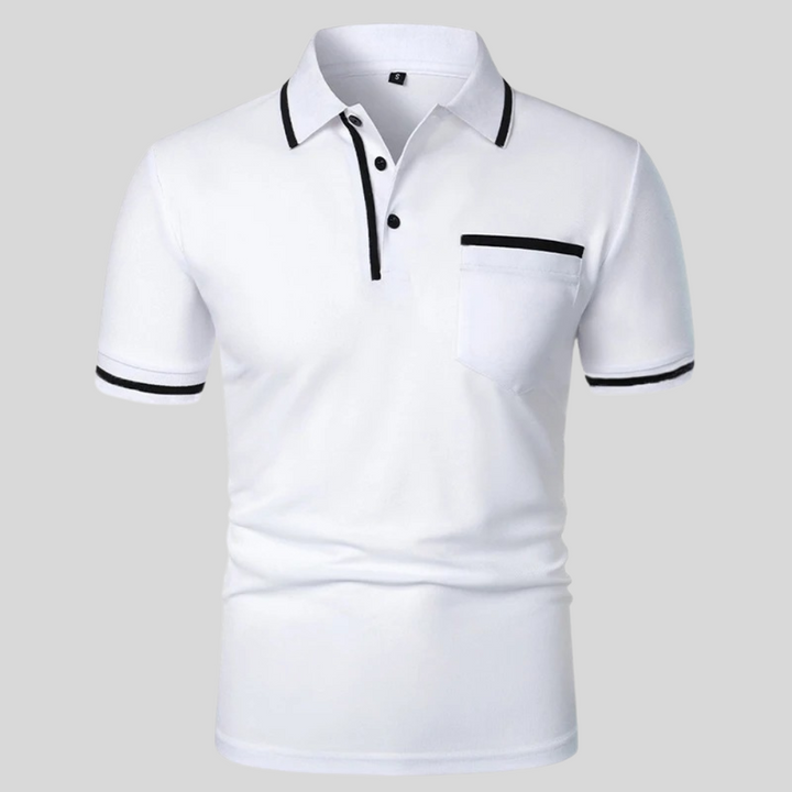 Black men's short-sleeve polo shirt with chest pocket. Versatile & classic fit for everyday fashion.