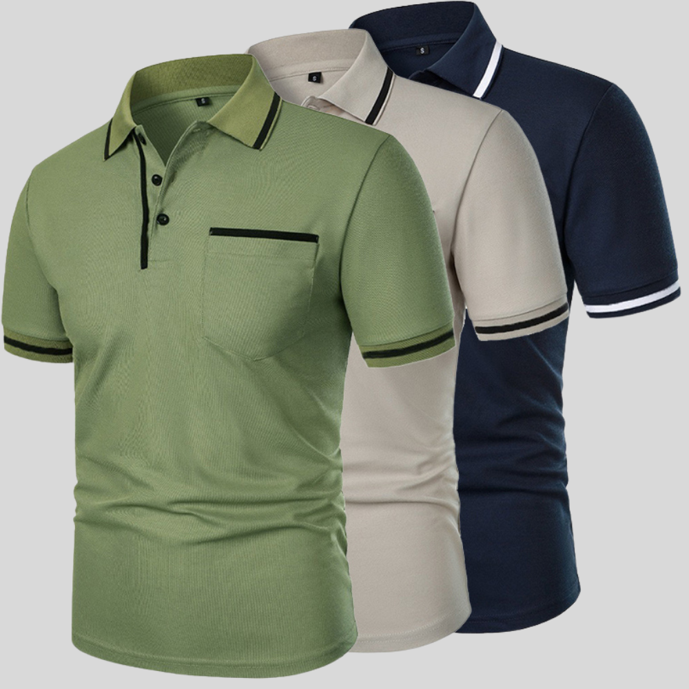 Men's light gray classic polo shirt, short sleeves, chest pocket. Versatile everyday fashion top.