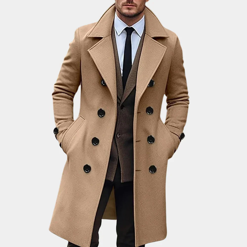 Elegant men's long coat, tailored for a sharp, sophisticated look. Perfect classic outerwear for fall and winter.