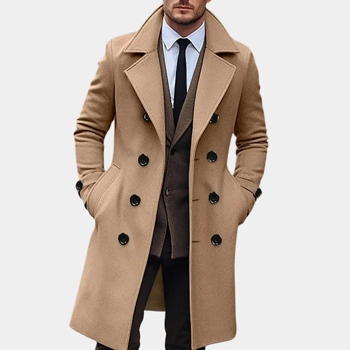 Elegant men's long coat, tailored for a sharp, sophisticated look. Perfect classic outerwear for fall and winter.