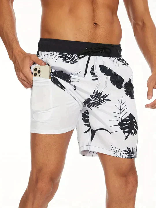 Close-up of the intricate print on men's holiday swim shorts