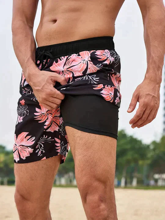 Quick-drying men's swim shorts with bold summer prints and adjustable drawstring