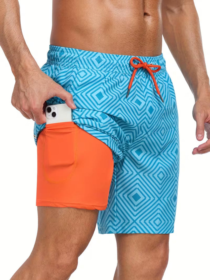 Fashionable men's swimwear: printed drawstring swim shorts