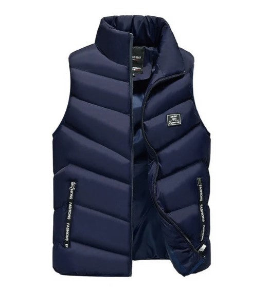 Warm men's lightweight puffer vest, essential outerwear for fall, winter, and cool spring days.