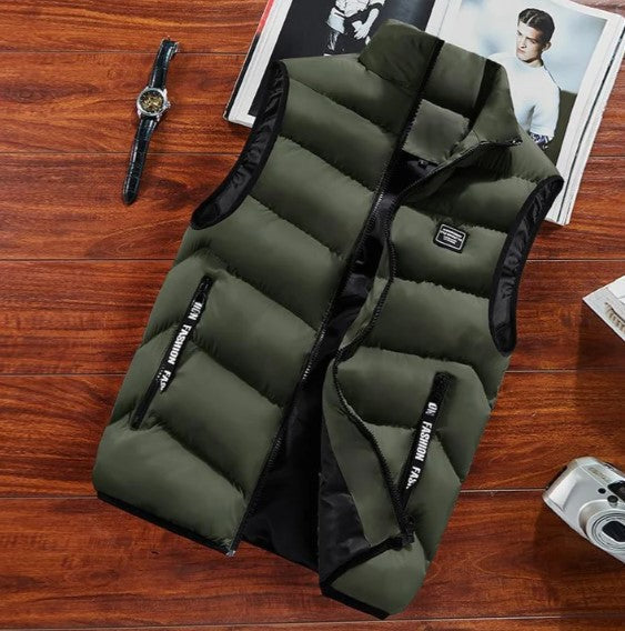Casual men's puffer vest, great for versatile spring, fall & mild winter layering. Lightweight & warm.