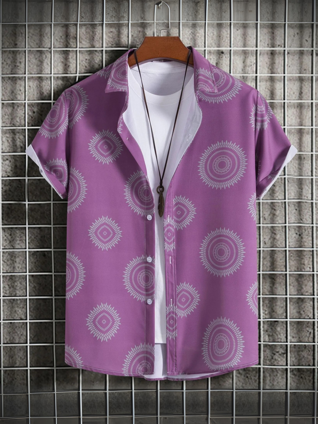 Short sleeve men's purple casual shirt featuring a classic Hawaiian button-up design and tropical motif.