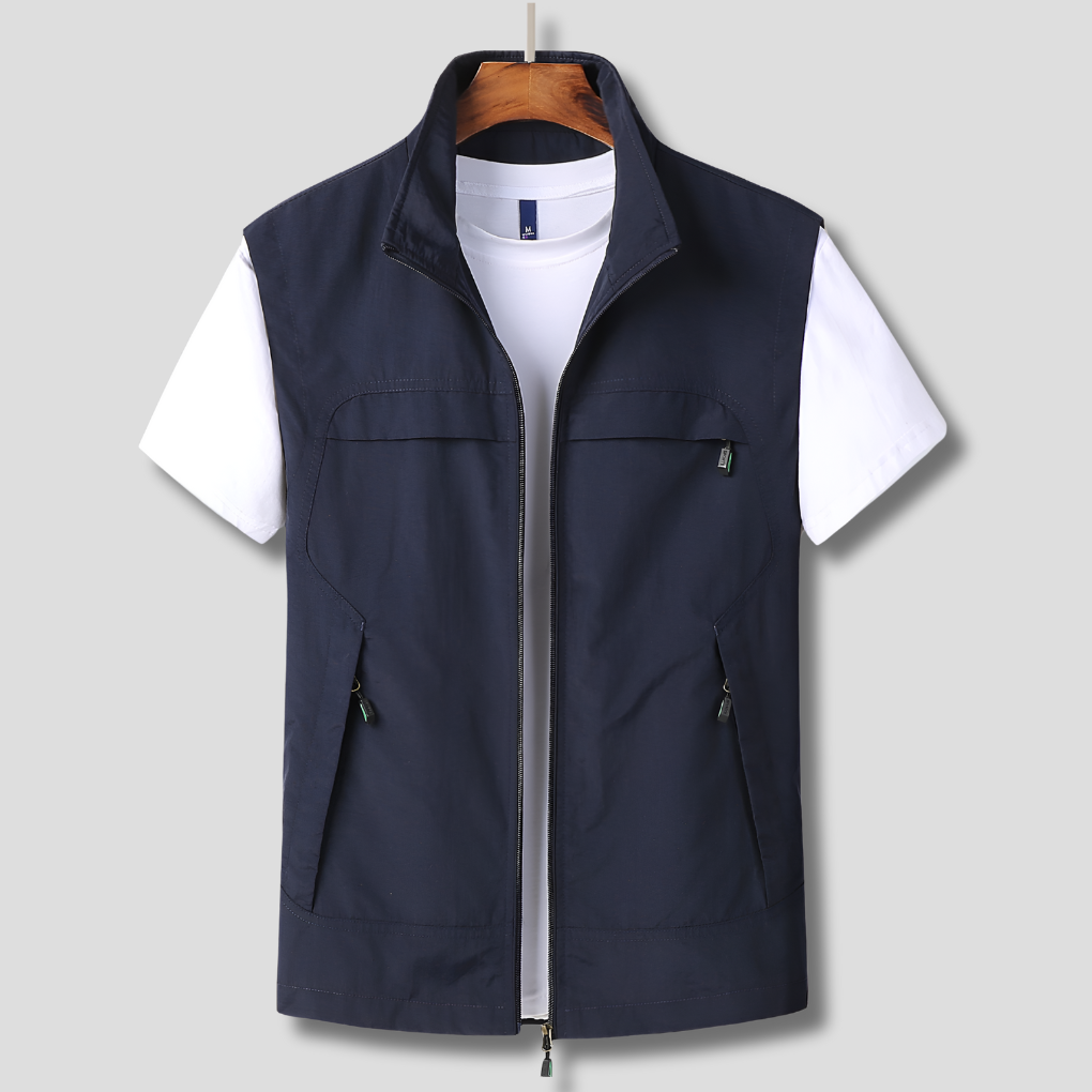 Men's quick-dry outdoor vest for hiking. Breathable sleeveless utility jacket, essential adventure gear.