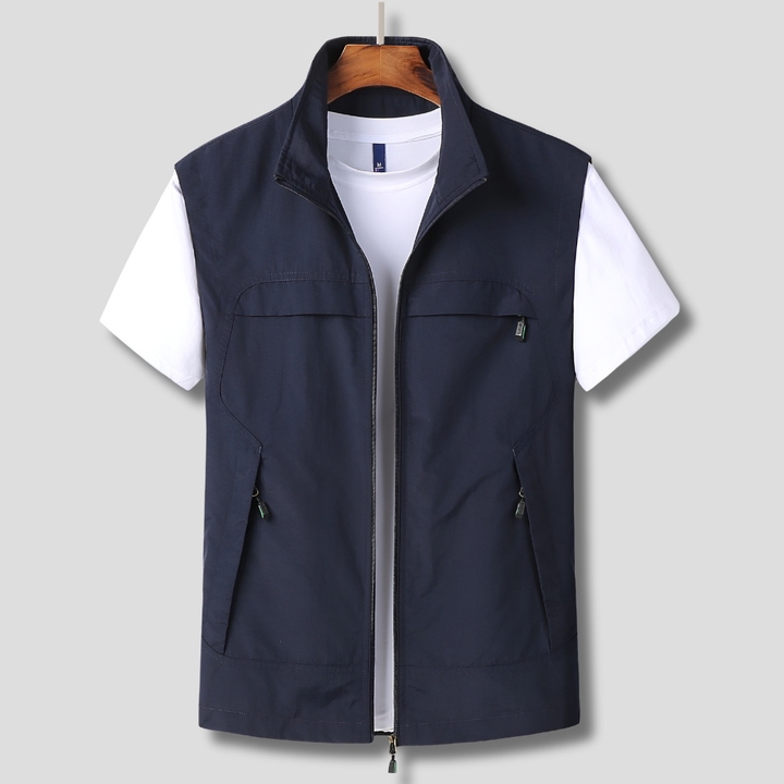 Men's quick-dry outdoor vest for hiking. Breathable sleeveless utility jacket, essential adventure gear.