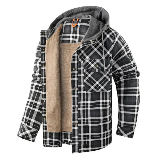 Men's red plaid hooded shirt jacket, perfect for casual layering.
