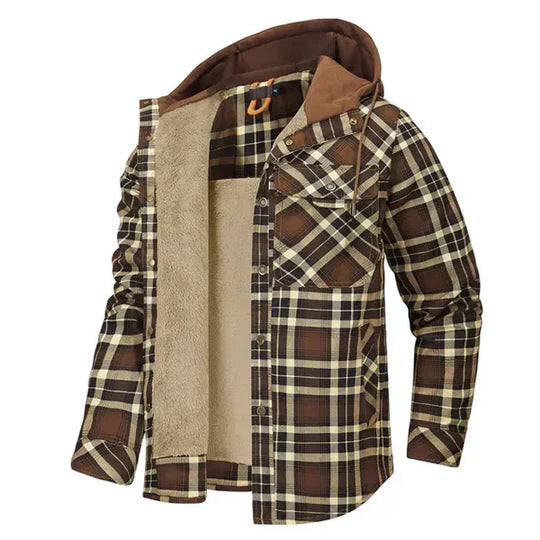 Warm men's casual wear: plaid shirt jacket with a comfortable hood.
