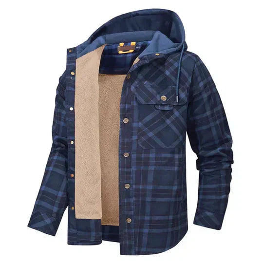 Versatile men's outerwear: a cozy plaid hooded shirt jacket.