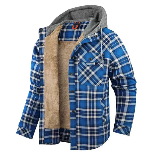 Close-up of the textured fabric on a men's hooded plaid shirt jacket.