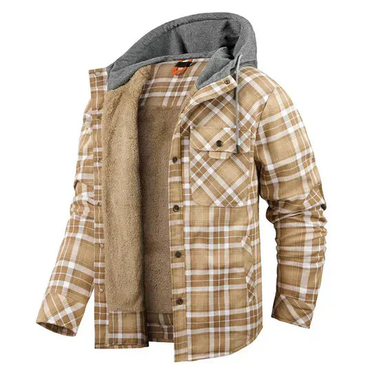 Man wearing a men's plaid hooded shirt jacket in an outdoor setting.