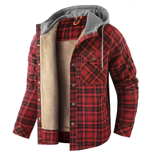 Front view of a men's warm plaid shirt jacket with functional buttons.