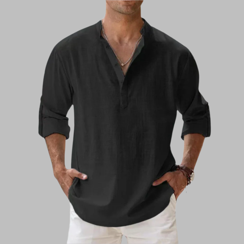 Close-up of the breathable fabric on a men's linen summer shirt.