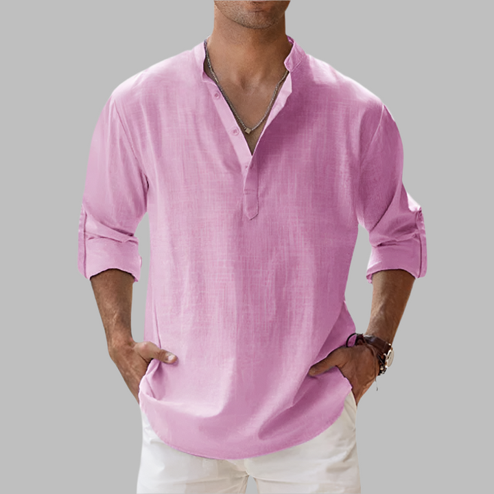 Front view of a men's relaxed fit linen button-down summer shirt.
