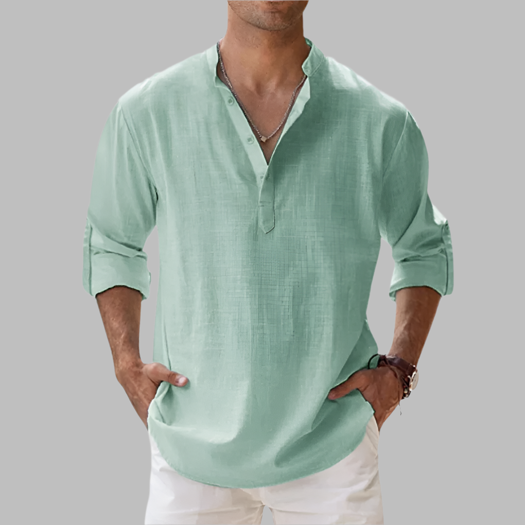 Detail shot showing the texture of a breathable men's linen casual shirt.