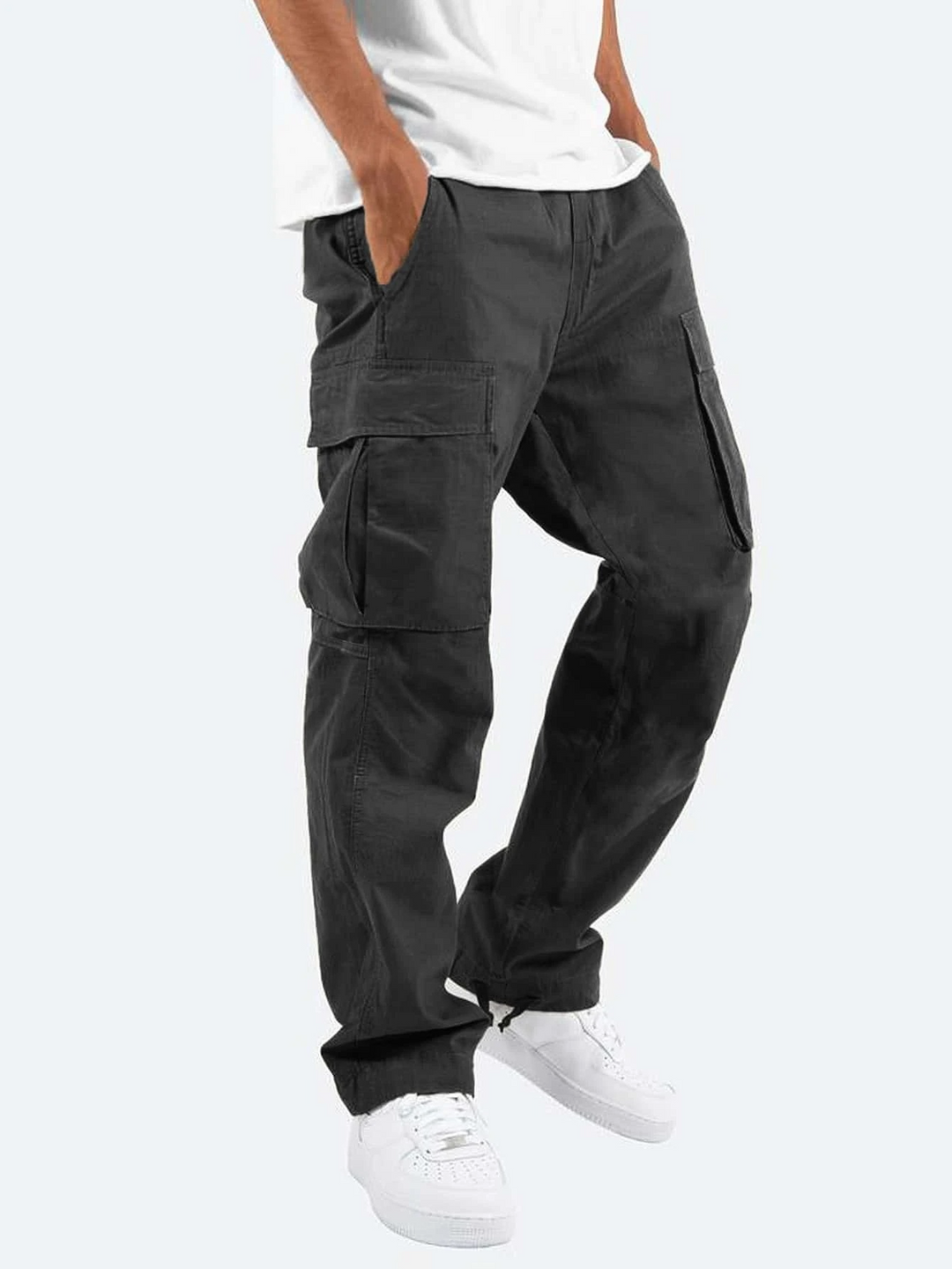 Durable men's straight leg cargo pants, perfect for comfortable everyday wear, offering utility and style.