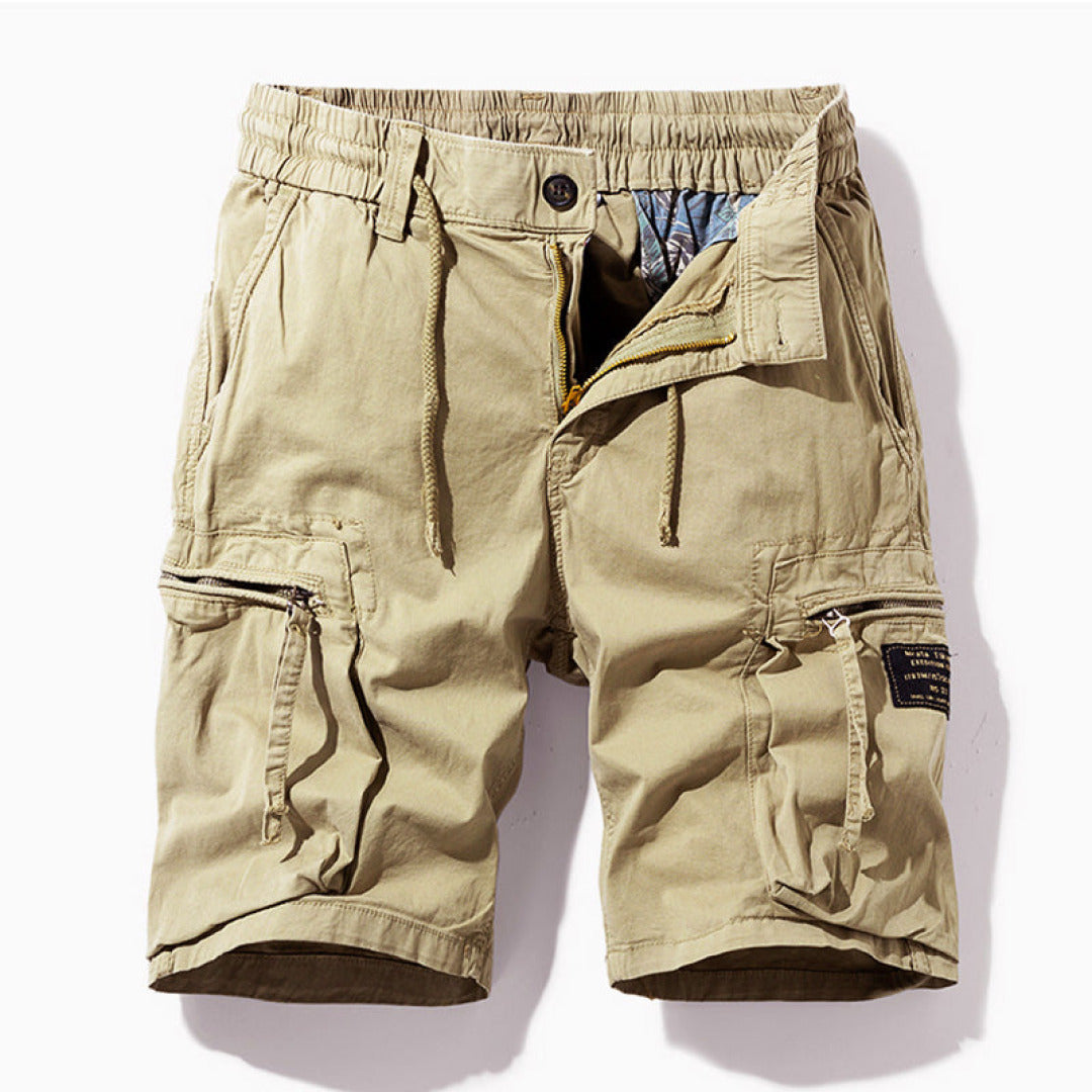Men's relaxed fit khaki cargo shorts for everyday comfort. Features multi-pockets & adjustable waist, ideal for casual wear.