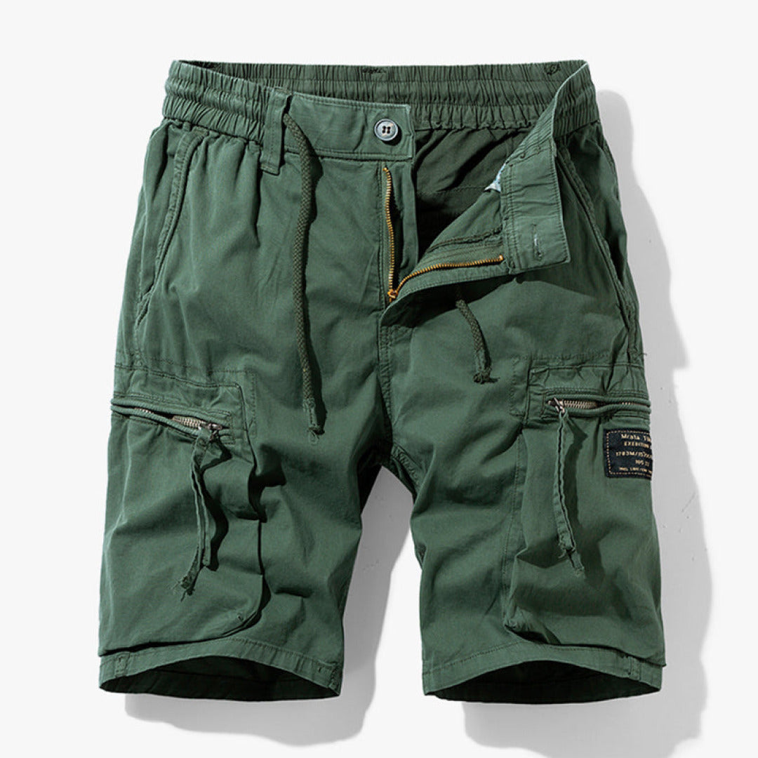 Stylish black men's relaxed fit cargo shorts. Versatile knee-length utility shorts with multi-pockets for casual summer wear.