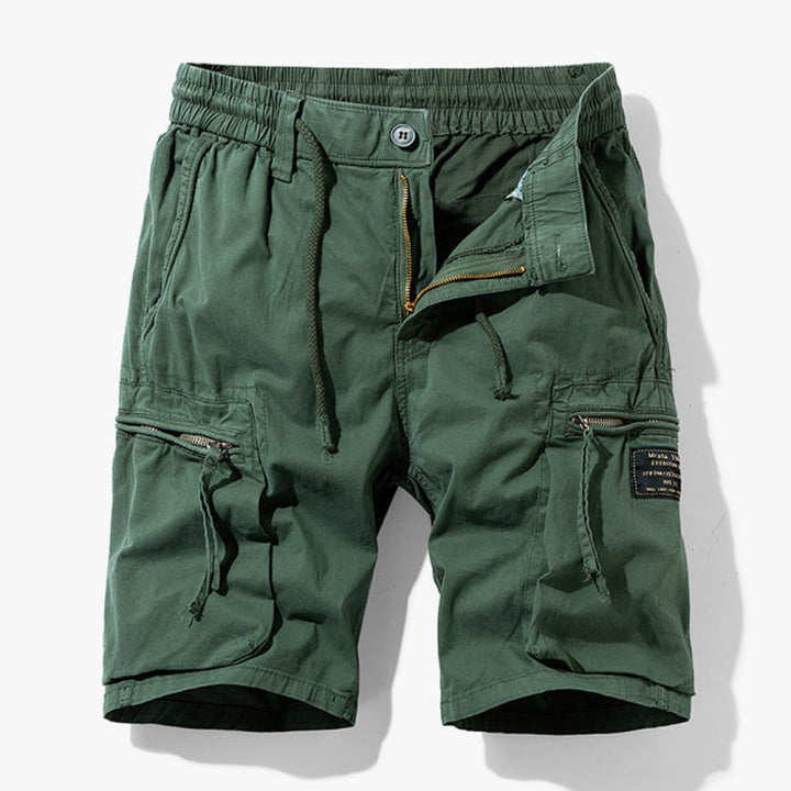 Stylish black men's relaxed fit cargo shorts. Versatile knee-length utility shorts with multi-pockets for casual summer wear.