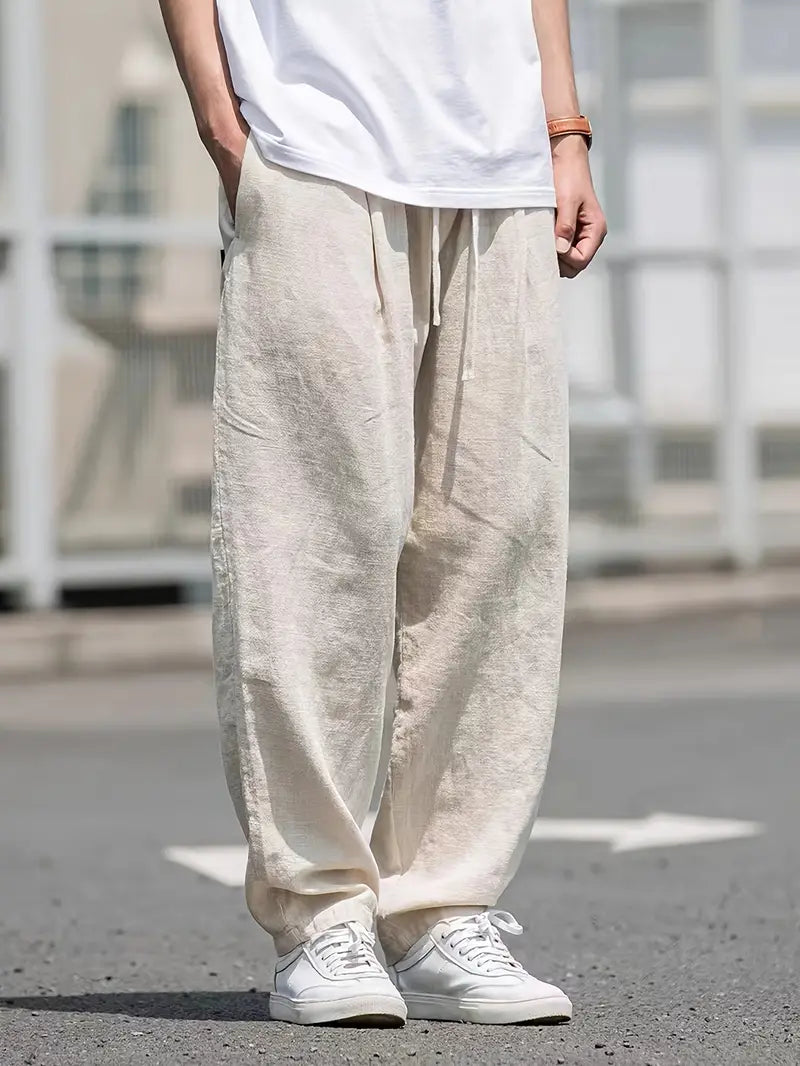 Men's relaxed fit lightweight khaki summer trousers for casual wear and holiday fashion.