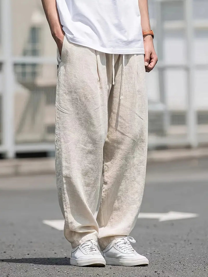 Men's relaxed fit lightweight khaki summer trousers for casual wear and holiday fashion.