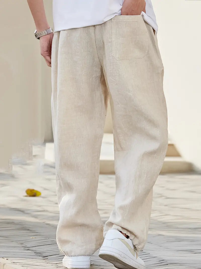 Khaki men's trousers, perfect for summer casual wear, featuring a relaxed and lightweight design.