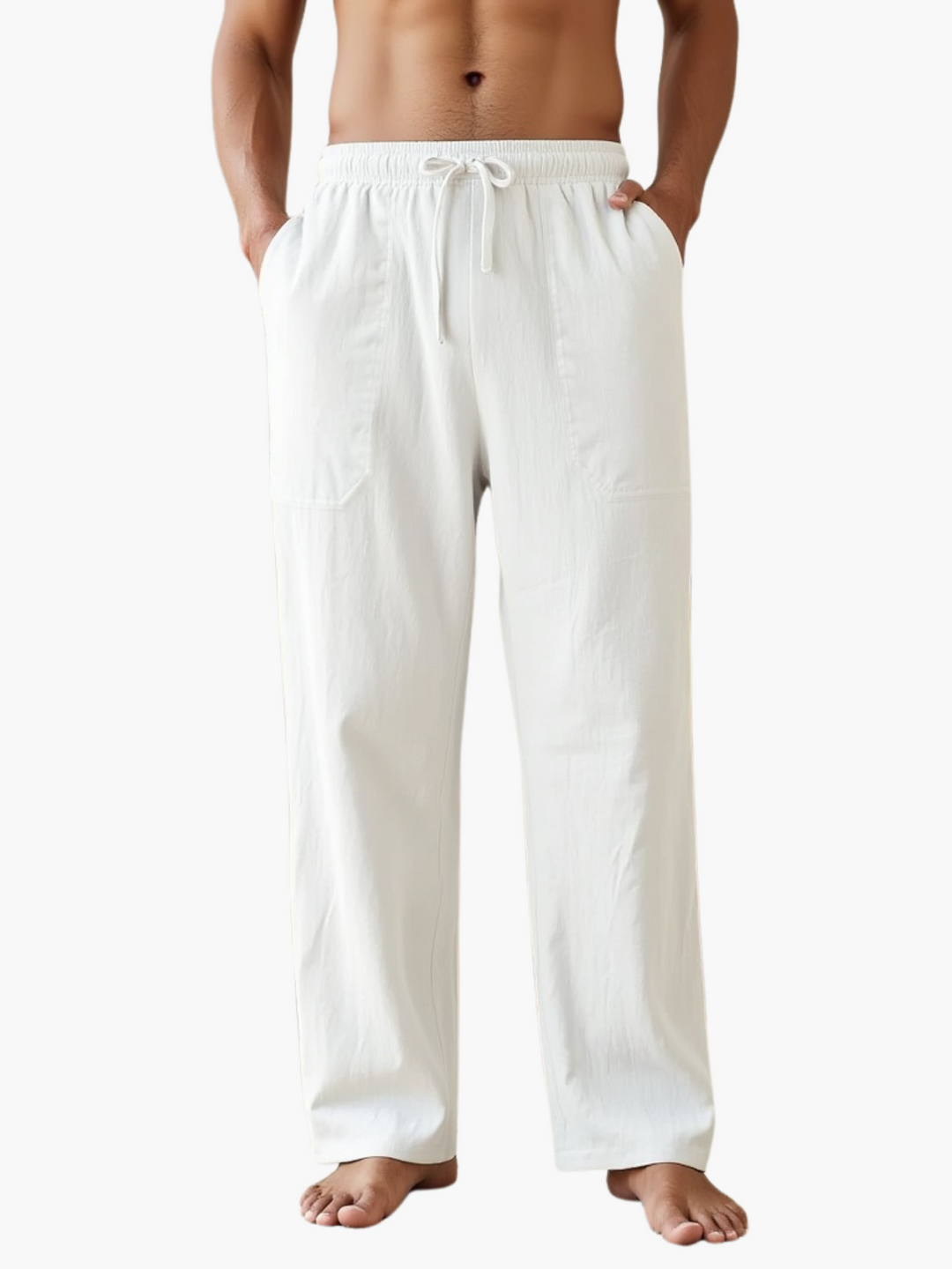 Men's relaxed fit linen blend drawstring pants for casual summer wear.
