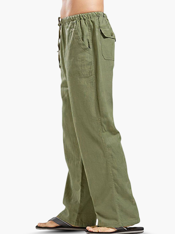 Comfortable men's drawstring pants made from a breathable linen blend, ideal for lounging.