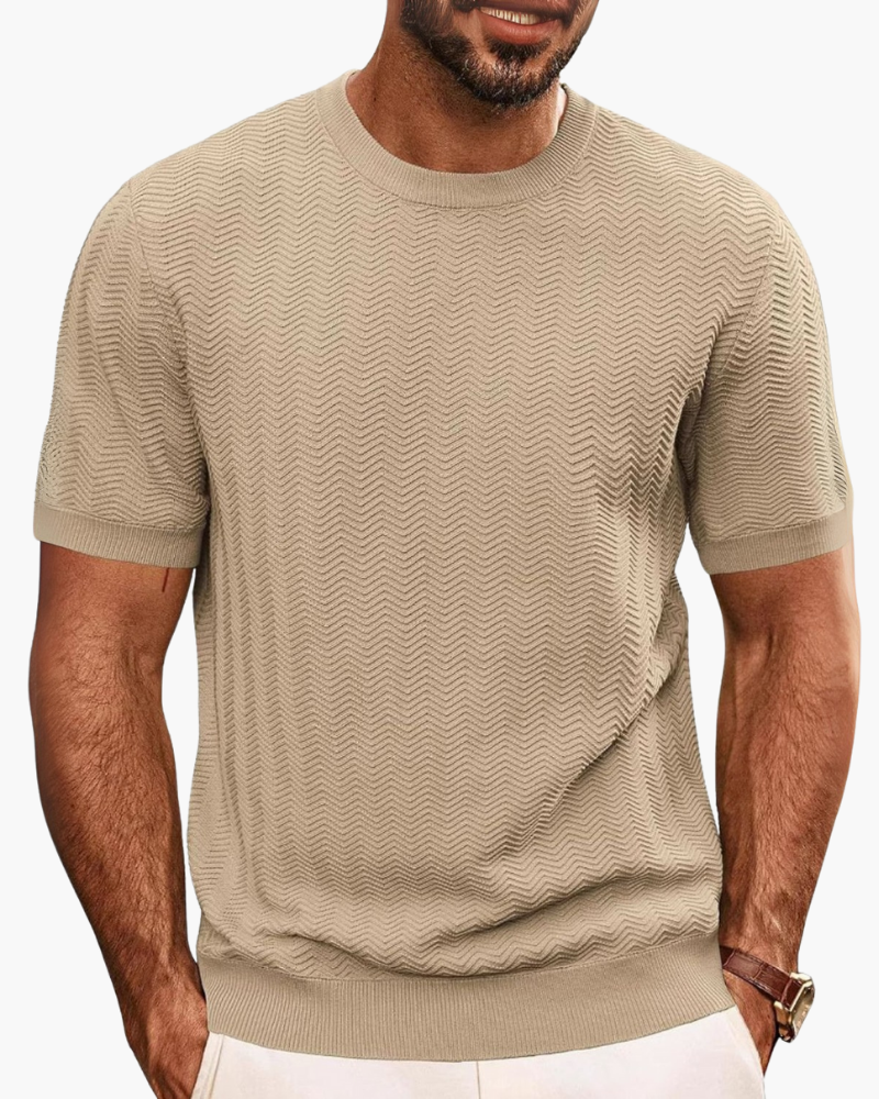 Grey men's round neck t-shirt made from soft, stretch knit fabric for ultimate comfort.