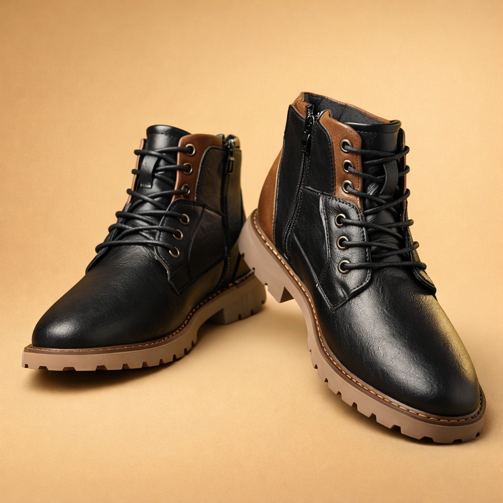 Stylish black men's lace-up ankle boots. Rugged casual footwear perfect for versatile everyday wear.