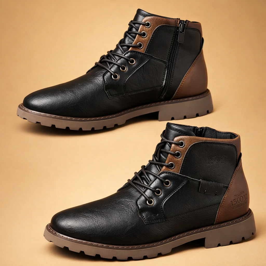 Men's rugged lace-up ankle boots in black, ideal for casual and versatile everyday style. Quality footwear.