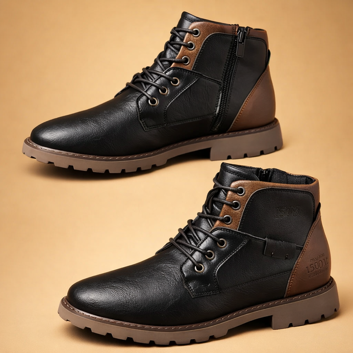 Men's rugged lace-up ankle boots in black, ideal for casual and versatile everyday style. Quality footwear.