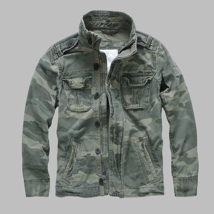 Men's rugged camouflage military jacket, ideal spring outerwear for casual wear.