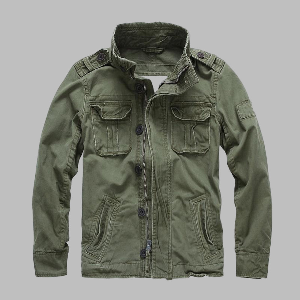 Utility camouflage military jacket for men, rugged fashion & adventure gear outerwear.