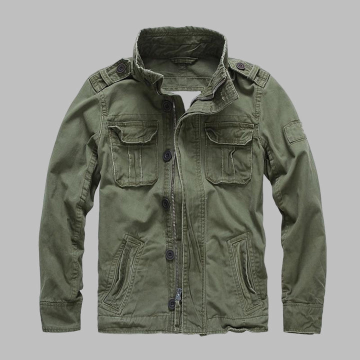Utility camouflage military jacket for men, rugged fashion & adventure gear outerwear.
