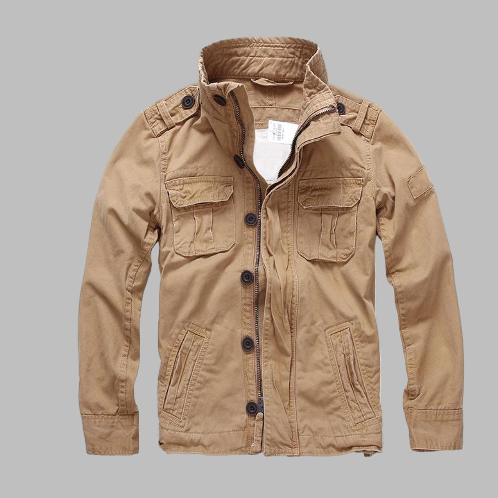Durable men's camouflage military jacket, perfect rugged outerwear for spring & casualwear.