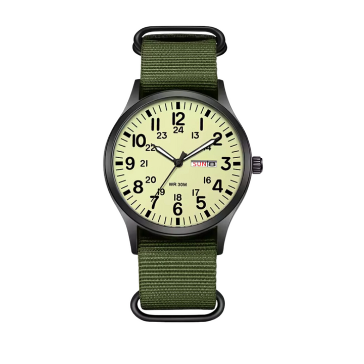 Close-up of a men's green tactical watch, featuring a luminous dial for outdoor adventures.