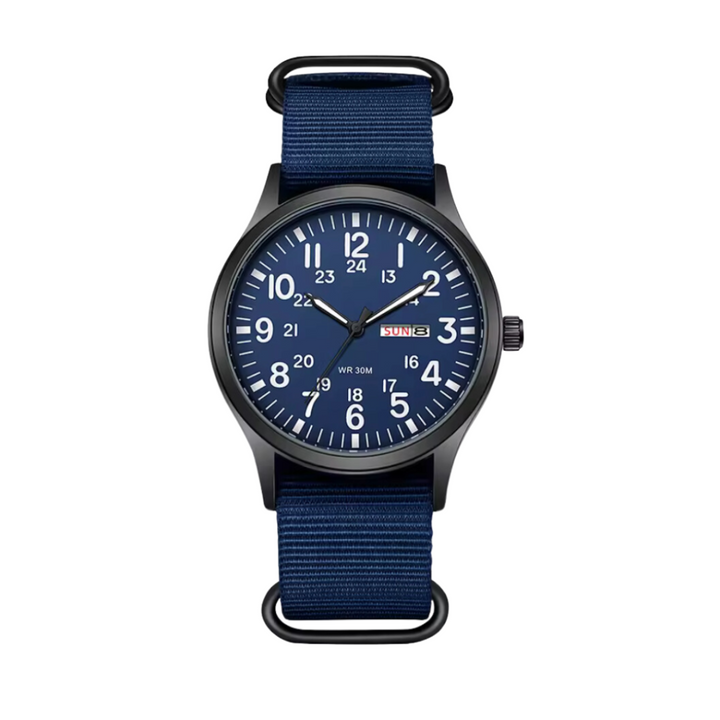 Water-resistant blue men's military watch, perfect for rugged outdoor and adventure use.