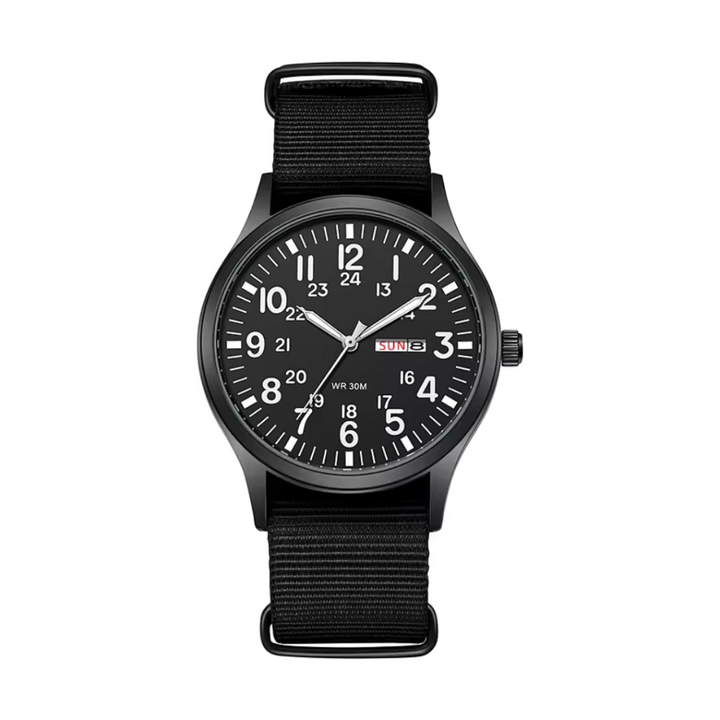 Black durable men's adventure watch, a rugged and water-resistant tactical timepiece.