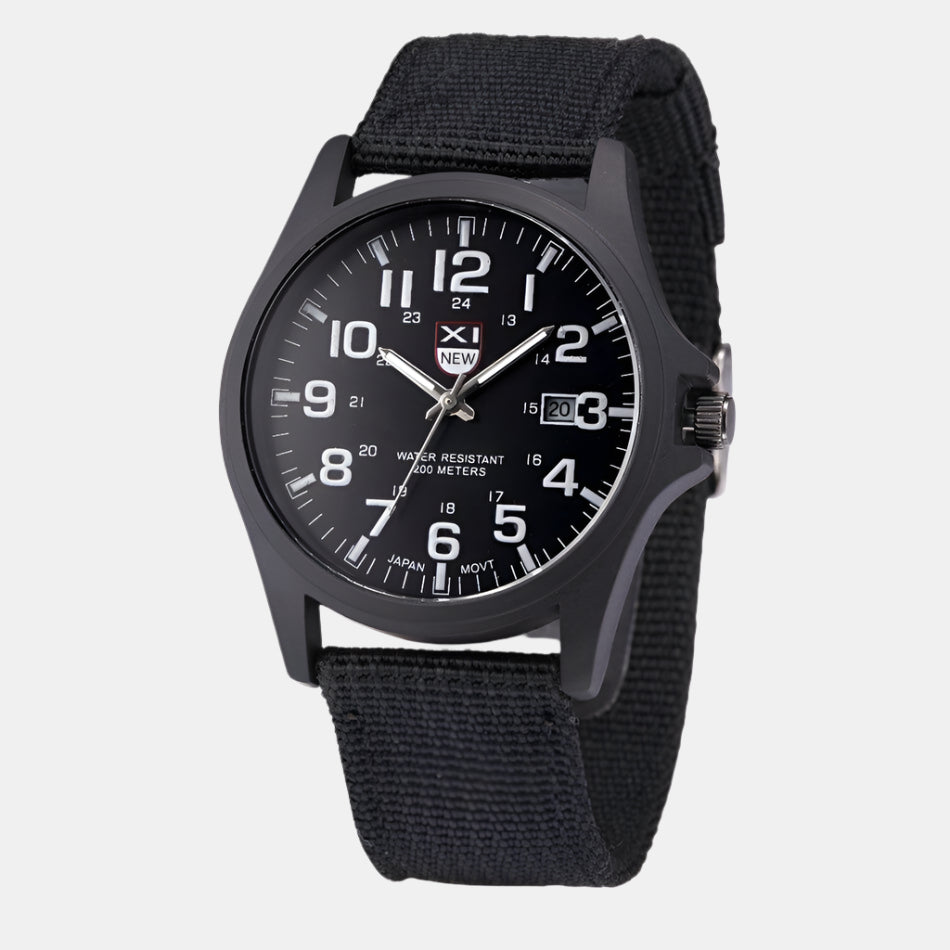 Action shot of a man wearing a rugged tactical watch during an outdoor activity.